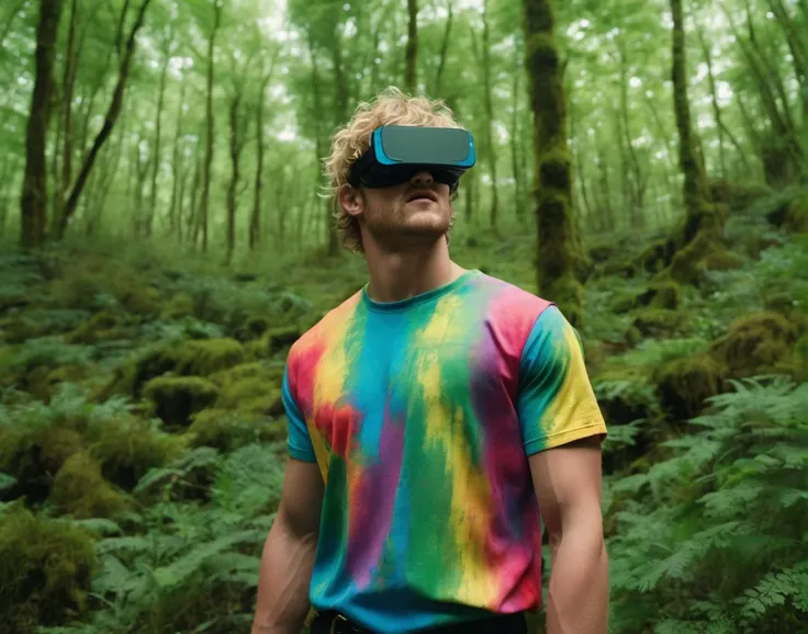 <lora:Logan Paul SDXL - Trigger with Loganpaul Person:.8> movie still of loganpaul person low wide angle shot a virtual reality world becomes a prison, A place taken by nature full of mosses and vegetation, HotSpellBREAK NoonTide, Typewriters, Personal digital assistants (PDAs), Blow Dryer. Wearing a rainbow colored shirt.