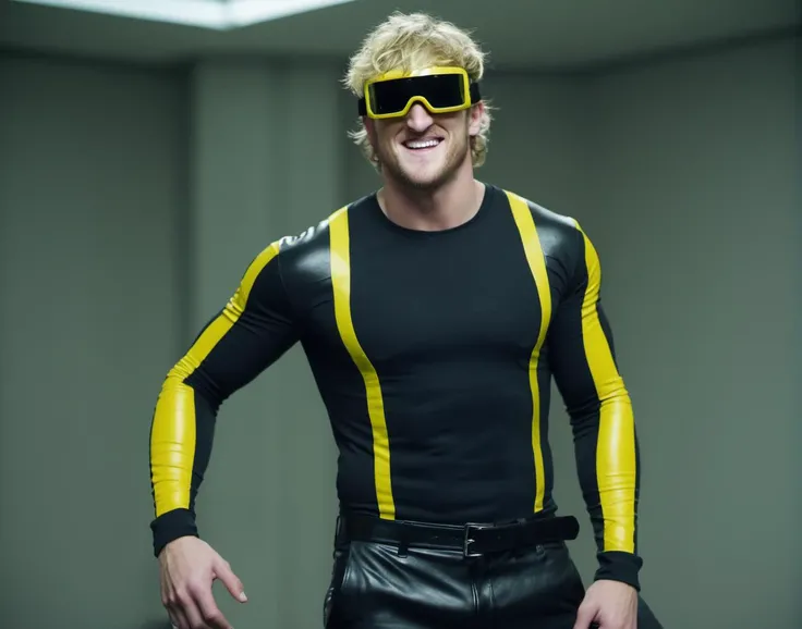 still of loganpaul person low wide angle shot a virtual reality world becomes the new reality, A maintenance environment with black and yellow stripes signaling construction, LeafPeepingSeasonBREAK irstLight, Sony Handycam, Yahoo! Mail, Lantern. Wearing a tight black leather BSDSM bodysuit with hooks and sloppy spray paint markings. <lora:Logan Paul SDXL - Trigger with Loganpaul Person:1>