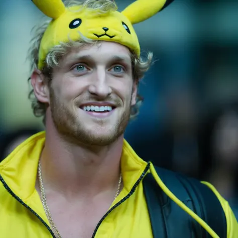 loganpaul person <lora:2023-08-22-LoganPaul Person - 1500 - 12img:1> (wearing a pikachu costume.:1.3) and coming out of an alien house.