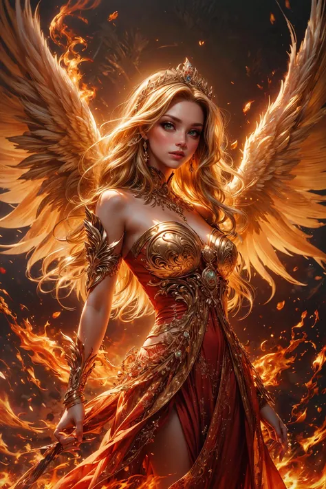 (Goddess of Fire:1.2), (mythical deity:1.2), fiery aura, blazing flames, (masterpiece:1.4, best quality), (masterpiece, best quality), (photo realistic:1.4), 1goddess, (powerful and majestic), flowing fire gown, radiant embers, fierce expression, molten lava, flickering flames, intricate fire patterns, intense heat, celestial glow, fiery wings, dynamic pose, vibrant reds, deep oranges, shimmering golds, intense lighting, magical aura, (piercing eyes:1.4), (glowing eyes:1.2), (detailed face:1.4), (expressive face:1.2), enchanting gaze, rich textures, captivating features, ethereal beauty, rare, unique, Rich Detail, Perfect Image Quality