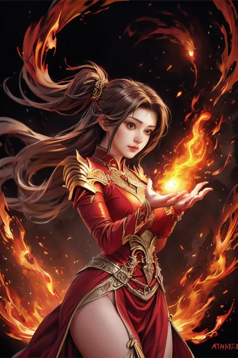 a woman with a fire dress on,controlling a fireball with her hands,fire background,Artgerm,stanley artgerm lau,a detailed painting,fantasy art,<lora:ç«ç¥ç¥èæ°Zhurongshi_V2.2:1>