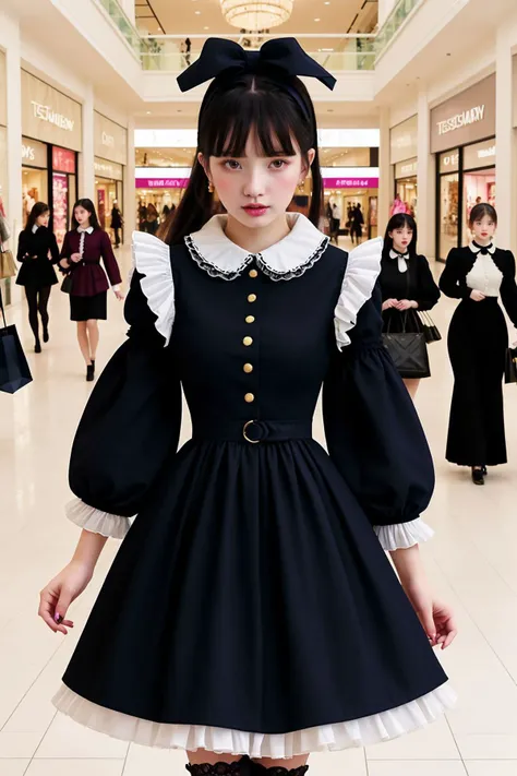 historical fashion magazine cover art, 3girl shopping in a mall, one girl is AIDA_rei2020, (sleeves:1.2), (dress), collar, frills, vibrant colors