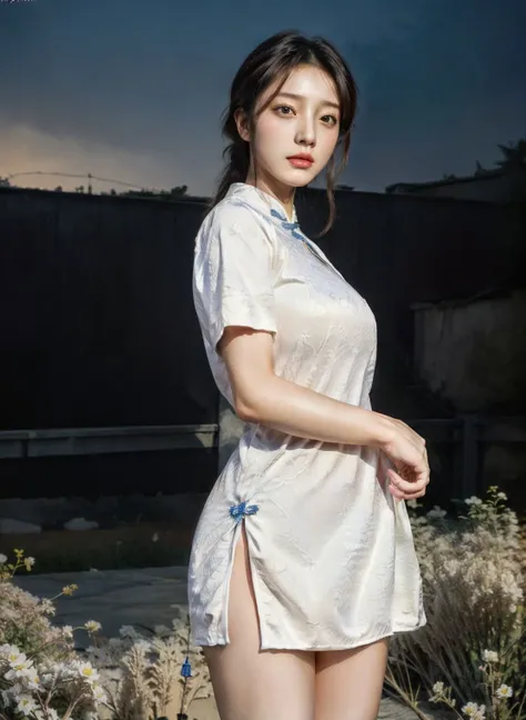masterpiece:1.5, best quality:1.2, HDR, ultra realistic 8k cg, unreal engine5, ultra detailed, realistic photo, realistic human skin, realistic lighting, depth of field, full body, 1girl, 20yearold,Korean, supermodel, Kpop, makeup, chinese clothes,china dress,dress,White dress,white underwear,white panties,black panties, dynamic pose, flower filed,meadow, starry sky, <lora:33_Se_:^OS:0.8>, <lora:add_detail:1>, <lora:more_details:0.3>, <lora:FilmVelvia3:0.4>, <lora:InstantPhotoX3:0.3>, <lora:epi_noiseoffset2:1>