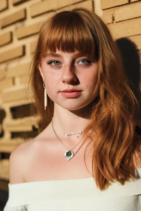 savvyroseof, photorealism, girl, portrait:1.3, front-view, intense-look, fingers, freckles:1.5, earring, off-the-shoulder-top, bowing head, shadows, depth-of-field, pendant necklace, tattoo, skinpores, skin-texture, full body, warehouse, fringe