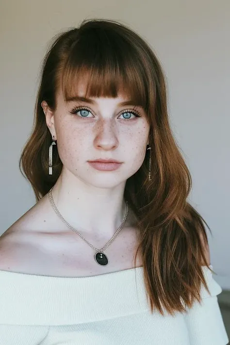 savvyroseof, photorealism, woman,  portrait:1.3, front-view, intense-look,   freckles:1.5,  earrings, off-the-shoulder-top,  bowing head, shadows,  depth-of-field, pendant necklace, tattoo,  skinpores, skin-texture, full body, home, fringe,