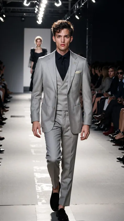 vetsuiteghi, (grey coat), 1boy , boy handsome, Haute_Couture, wearing Haute_Couture, posing for a picture, fashion show, Long shaped face, angry, crazy, dark red eyes, short hair, catwalk \(walkway\), , colorful, vivid colors, masterpiece, best quality, absurdres, highest quality, amazing details, 8k, aesthetic <lora:vetsuiteghi_greyjacket_SDLife_Chiasedamme_V10:0.85:MIDD>