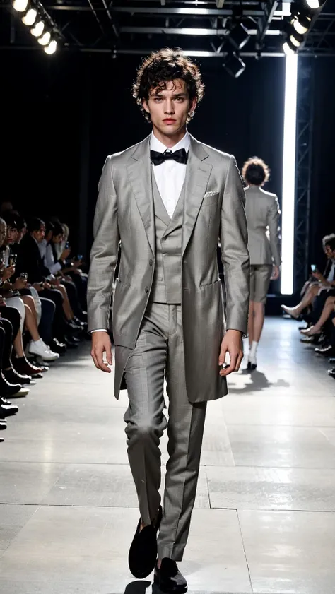 vetsuiteghi, (grey coat), 1boy , boy handsome, Haute_Couture, wearing Haute_Couture, posing for a picture, fashion show, Long shaped face, angry, crazy, dark red eyes, short hair, catwalk \(walkway\), , colorful, vivid colors, masterpiece, best quality, absurdres, highest quality, amazing details, 8k, aesthetic <lora:vetsuiteghi_greyjacket_SDLife_Chiasedamme_V10:0.68>