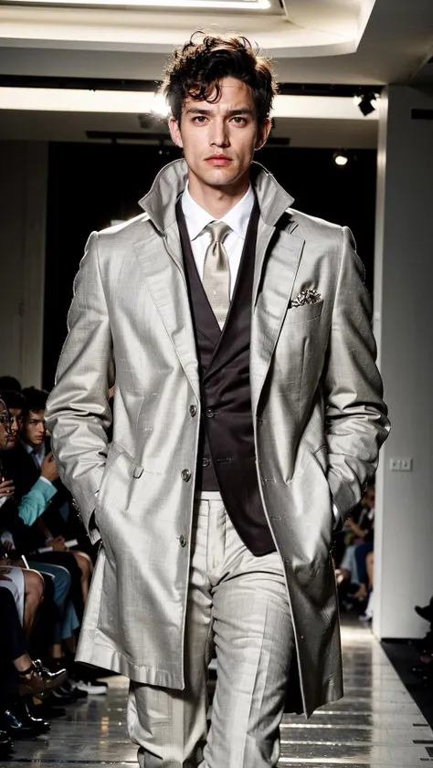 vetsuiteghi, (grey coat), 1boy , boy handsome, Haute_Couture, wearing Haute_Couture, posing for a picture, fashion show, Long shaped face, angry, crazy, dark red eyes, short hair, catwalk \(walkway\), , colorful, vivid colors, masterpiece, best quality, absurdres, highest quality, amazing details, 8k, aesthetic <lora:vetsuiteghi_greyjacket_SDLife_Chiasedamme_V10:0.68>