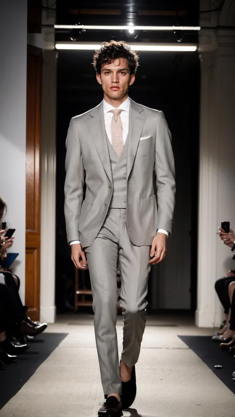 vetsuiteghi, (grey coat), 1boy , boy handsome, Haute_Couture, wearing Haute_Couture, posing for a picture, fashion show, Long shaped face, angry, crazy, dark red eyes, short hair, catwalk \(walkway\), , colorful, vivid colors, masterpiece, best quality, absurdres, highest quality, amazing details, 8k, aesthetic <lora:vetsuiteghi_greyjacket_SDLife_Chiasedamme_V10:0.85:MIDD>