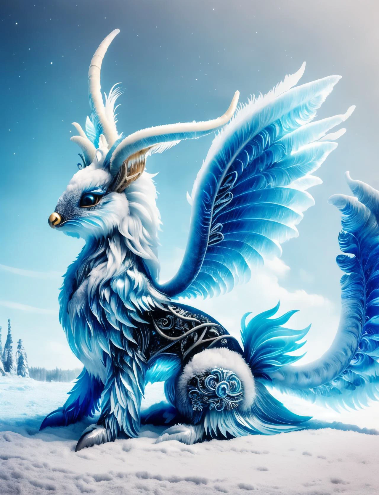 digital art, semi realistic hyper detailed masterpiece, dynamic, awesome quality,DonMGl4c14l, wolpertinger, mythical mammalian creature, hybrid creature, wings, antlers, fangs, feathers, rabbit ears, small furry body, humorous, imaginative, curiosity, whimsical, fictional, <lora:DonMGl4c14l:1>