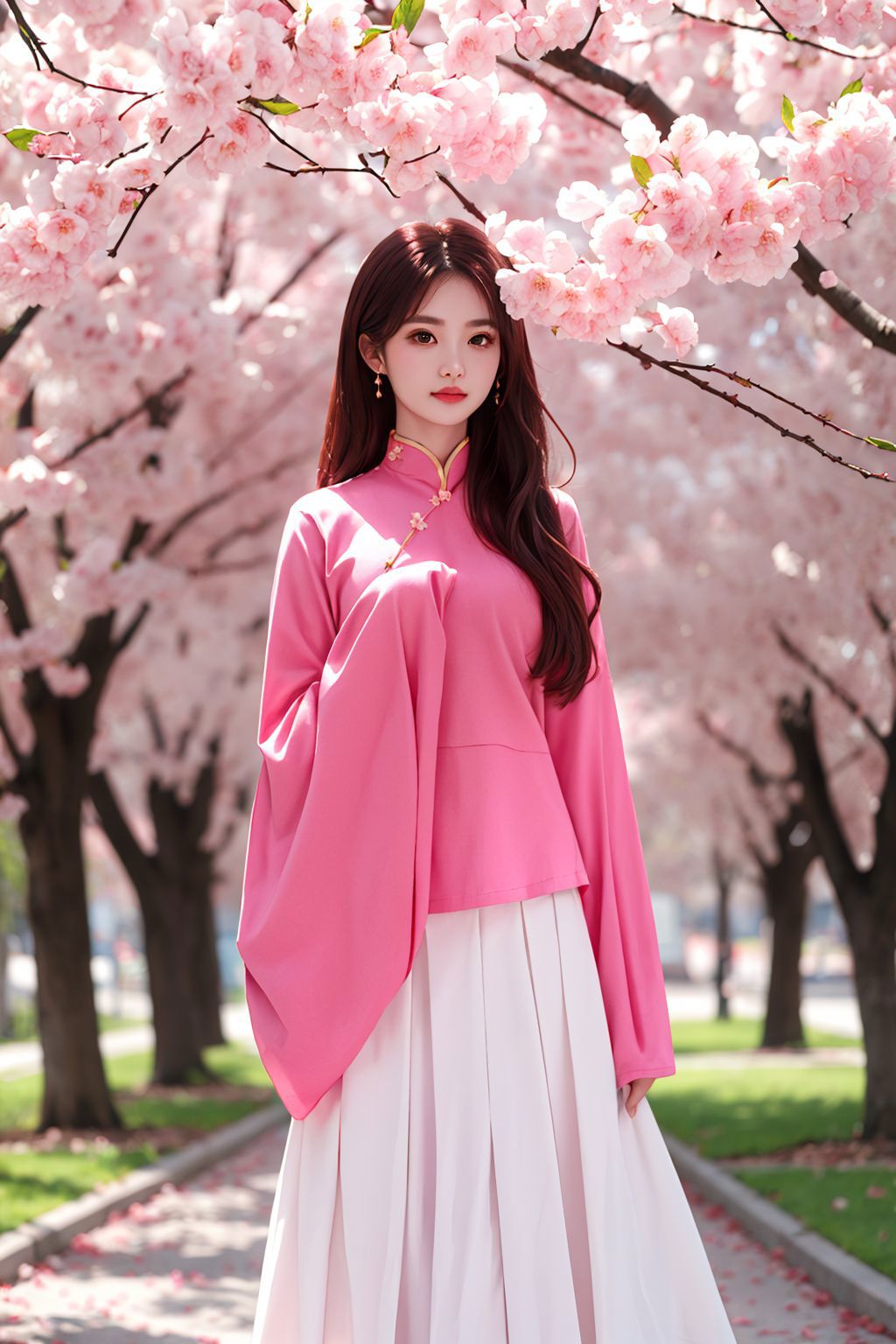 A woman in a pink top and white skirt standing under a tree - SeaArt AI