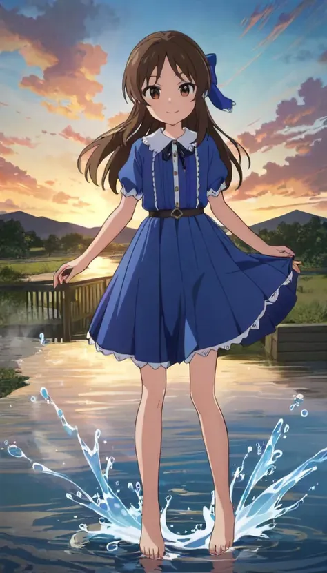 best quality,masterpiece, 4k, uncensored, perfect lighting, 
1girl, solo,tachibana arisu, brown hair, brown eyes, long hair, bangs
tcbnarisu_AA, , blue dress,hair bow
,smile ,full body,  looking at viewer, standing
,newest,official art,face focus, water, outdoor, blue sky, clouds,
splashing water, no shoes, toes, feet, immersed feet, river, kicking water, playing
 <lora:tachibanaarisu_animagine_v1:0.6>