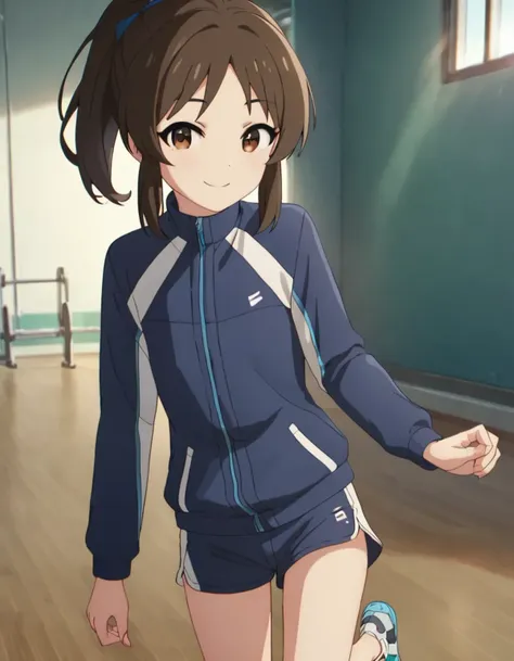 score_9, score_8_up, score_7_up, best quality,  4k, uncensored, prefect lighting, rating_explicit,
1girl, solo,tachibana arisu, brown hair, brown eyes, long hair, bangs
tcbnarisu_CC, ponytail, shoes,  track jacket,gym shorts
,smile ,cowboy shot,  looking at viewer
,newest,official art
 <lora:tachibanaarisu_pony_v1:0.7>