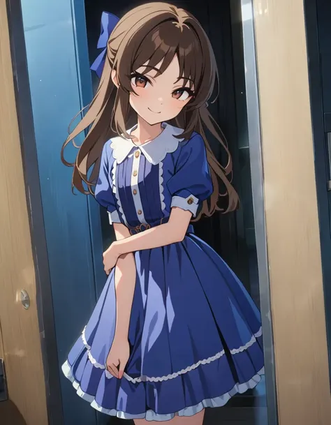 best quality,masterpiece,   4k, uncensored, prefect lighting, rating_explicit
1girl, solo,tachibana arisu, brown hair, brown eyes, long hair, bangs
tcbnarisu_AA, , blue dress,hair bow
standing,smile ,cowboy shot,  looking at viewer
,newest,official art
  <lora:tachibanaarisu_animagine_v1:0.6>