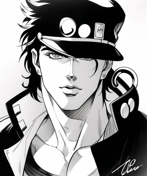 cell frame, animation cell, sketch, signed,vintage,  sketch, monochromatic, authentic traditonal artwork,  photograph, [anime, lineart, masterpiece, best quality, anime, highly detailed face, perfect anatomy:5], (kujo jotaro, solo),portrait, (detailed Eyes, black Hair), 1boy, Muscular, pectorals, <lora:jotaro:0.69>  muscular, medium length hair, male focus, chain, stud earring, ink, dramatic, pixiv, traditional media
