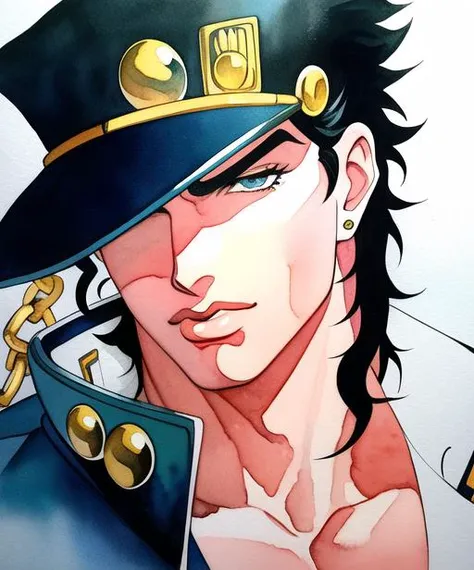 injury, blood, [anime, lineart, masterpiece, best quality, anime, highly detailed face, perfect anatomy:5], (kujo jotaro, solo), close up, portrait, (blue greenish Eyes, black Hair), 1boy, Muscular, pectorals, <lora:jotaro:0.66>  muscular, medium length hair, male focus, chain,