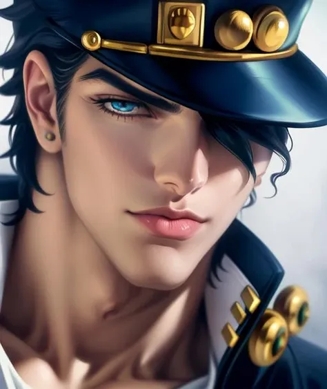 1boy, bad_id, bad_pixiv_id, bandage_on_face, bandages, black_hair, blue_eyes, chain, hat, jojo_no_kimyou_na_bouken, kujo_jotaro, male_focus, sasadaru, solo