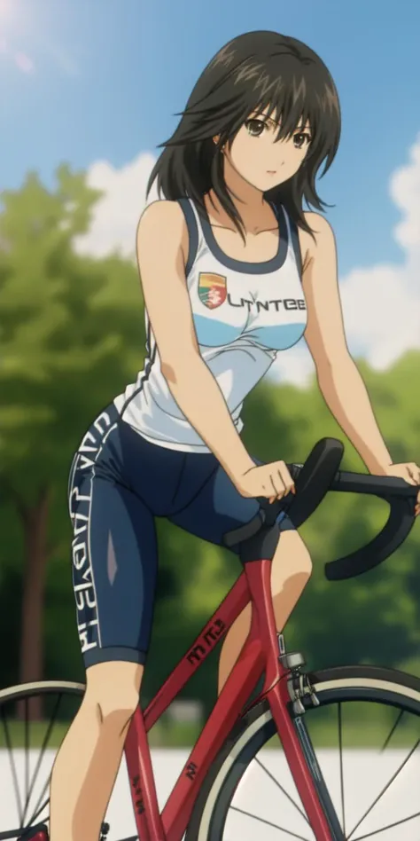 <lora:misakiyamamoto_quebick:0.9> vivid colors,
misakiyamamoto, brown eyes, black hair,
(training outfit),
(riding bicycle:1.2),