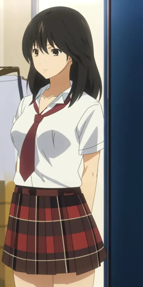 <lora:misakiyamamoto_quebick:0.9> vivid colors,
misakiyamamoto, brown eyes, black hair,
white shirt, red tie,red striped skirt,
loose necktie,
changing room,