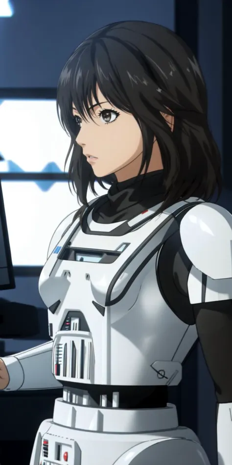 <lora:misakiyamamoto_quebick:0.9> vivid colors,
misakiyamamoto, brown eyes, black hair,
<lora:CONCEPT-StormTrooper:1> (STORMTROOPER, ARMOR)
(star wars,) inside battlestation,