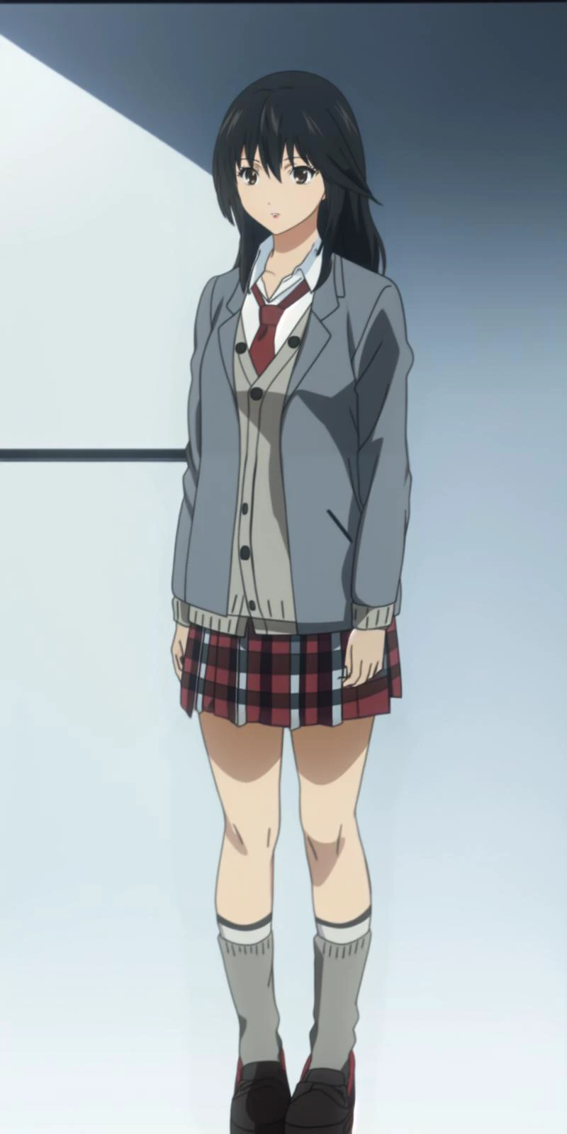 <lora:misakiyamamoto_quebick:0.9>
misakiyamamoto, brown eyes, black hair,
white shirt, red tie, grey sweater, blue jacket, red striped skirt,