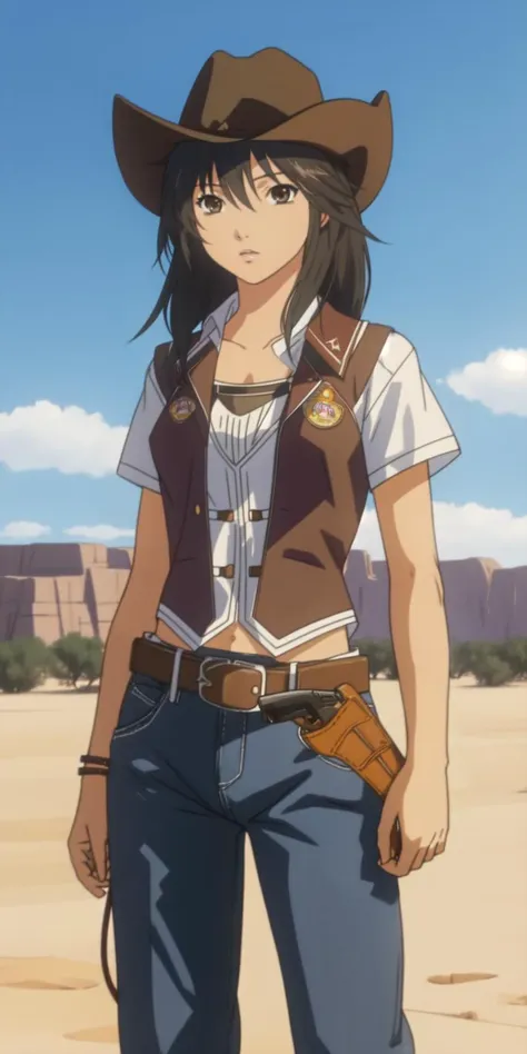 masterpiece, best quail,ty
 <lora:misakiyamamoto_quebick:0.9> vivid colors,
misakiyamamoto, brown eyes, black hair, (girl)
(cowboy western, cowboy outfit:1.2)
((revolver),  gun holster,),
desert, deserted village,