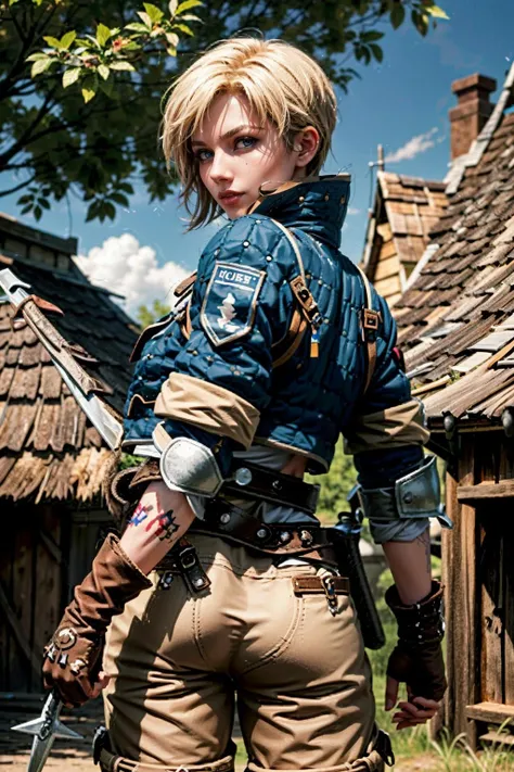 (masterpiece, best quality) <lora:epi_noiseoffset2:1> <lora:add_detail:0.6> <lora:VesWitcher:0.8>
VesWitcher, 1girl, solo, looking at viewer, short hair, blue eyes, blonde hair, gloves, holding, jacket, weapon, ass, outdoors, belt, looking back, pants, sword, fingerless gloves, from behind, holding weapon, armor, tree, lips, tattoo, holding sword, knife, shoulder armor, gauntlets, realistic, nose, vambraces, dagger, leather, chainmail