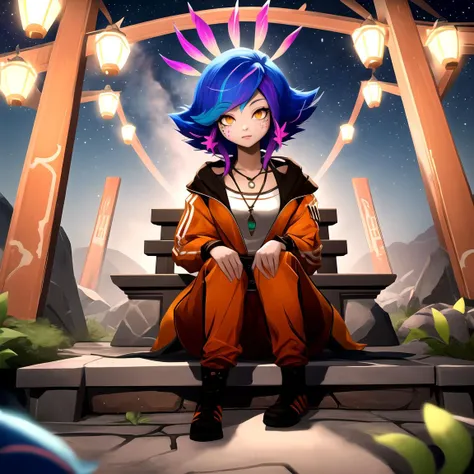 masterpiece, best quality, highres, 1girl, solo, cowboy shot, outdoors, night, starry sky, shining hair, looking at viewer, tadidas, orange pants, (orange jacket), long sleeves, <lora:AdidasLora-000004:1>, <lora:neeko-nvwls-v1-final:1>, facial marks, necklace, neeko, sitting on throne, stone throne,
