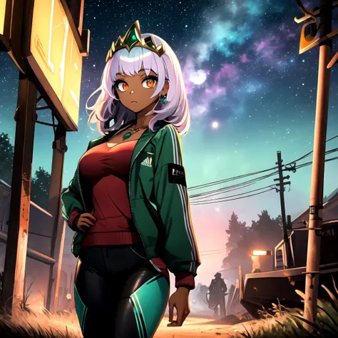 masterpiece, best quality, highres, 1girl, solo, cowboy shot, outdoors, night, starry sky, shining hair, looking at viewer, tadidas, green pants, (green jacket), long sleeves, <lora:AdidasLora-000004:0.9>, <lora:gyokai:0.6>, <lora:qiyana-last:0.8>, qiyana, white hair, medium hair, tiara, tiara, jewelry, necklace, orange eyes, hands in pocket, dark-skinned female, dark skin, gem, wide hips, medium breasts,