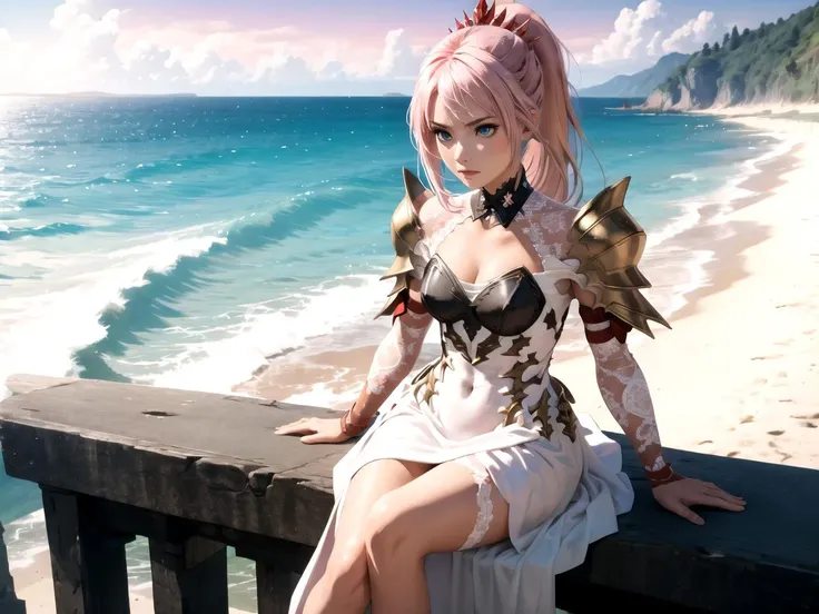 masterpiece, best quality, highres BREAK
dsshionne, pink hair, long hair, ponytail, (blue eyes:0.5), white dress, armor, pauldrons, 1girl, solo BREAK
sitting, cliff, ocean, waves, detailed background
<lora:dsshionne_lc:1>