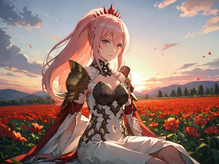 masterpiece, best quality, highres BREAK
dsshionne, pink hair, long hair, ponytail, hair ornament, white dress, armor, pauldrons, 1girl, solo BREAK
sitting, outdoors, flower field, sunset, lens flare, detailed background
<lora:dsshionne_lc:1>