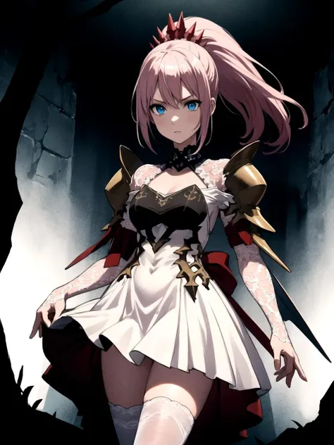 masterpiece, best quality, highres BREAK
dsshionne, pink hair, long hair, ponytail, (blue eyes:0.7), white dress, armor, pauldrons, lace stockings, 1girl, solo BREAK
standing, dark caverns, eerie atmosphere, determined
<lora:dsshionne:1>