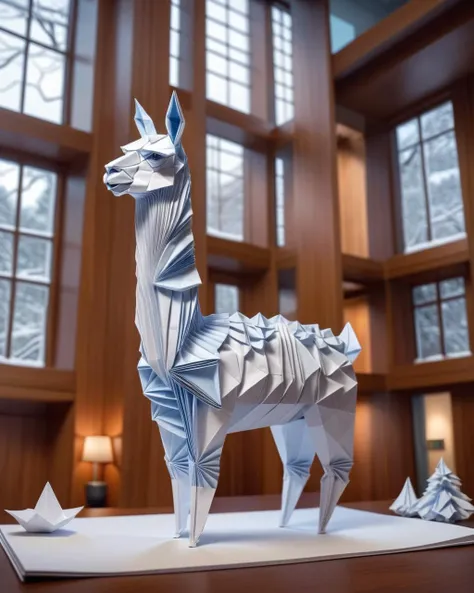 origami style LLama, (art by Adam Martinakis:0.9) , (art by Vincent Callebaut:0.8) , digital art, landscape of a Impressive LLama from inside of a Office building, Snowing, Simple illustration, Renaissance, 50mm, 4k, highly detailed, <lora:FF-LLama-Generator:1> . paper art, pleated paper, folded, origami art, pleats, cut and fold, centered composition