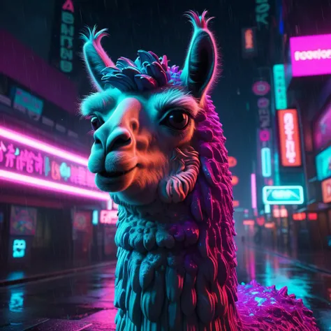Neon noir LLama, art by Anton Fadeev, (art by Euan Uglow:0.9) , Fractal, 8k Color splash, award winning, Eclectic (LLama :1.2) , Pegasus constellation background, Bathed in shadows, tilt shift, Anime screencap, Tranquil, Bauhaus Art, Neon Light, Selective focus, 3D cinematic film. (caricature:0.2) . 4k, highly detailed, <lora:FF-LLama-Generator:1> . Cyberpunk, dark, rainy streets, neon signs, high contrast, low light, vibrant, highly detailed