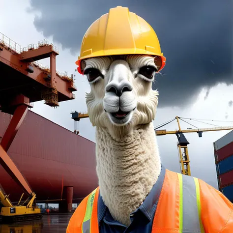 hd,2k,4k,hight quality,A photorealistic, high-resolution image of a llama wearing a construction hard hat and a face mask, standing in a shipyard during a storm. The llama should look sturdy and unfazed despite the harsh weather conditions. The construction hard hat and face mask should fit well on the llama's head, emphasizing its role in the shipyard. The shipyard should have various elements like cranes, ships under construction, and shipping containers. The storm should be intense, with heavy rain, strong winds, and perhaps even lightning in the background. The image should capture the drama and urgency of the situation while highlighting the llama's unique presence in this industrial setting, <lora:FF-LLama-Generator-lora:0.8>