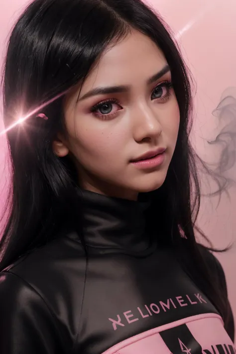 DV_Kawai_Vicious ((Black Theme, Black and Pink Backdrop:1.4)) (Close-Up Shot, Face Portrait:1.4) (black hair:1.5)  wearing (Blue Jeans and a Black sweatshirt :1.3), 35mm, F/2.8, ((Photo Focus, DOF, Aperture, insanely detailed and intricate, character, hypermaximalist, elegant, ornate, beautiful, exotic, revealing, appealing, attractive, amative, hyper realistic, super detailed, heresy flares)) (smiling at viewer)   (volumetric pink smoke:1.3) (pink lens flare:1.2)(sharpness:1.3)(details:1.3)
