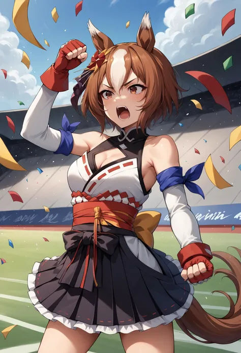score_9, score_8_up, score_7_up, score_6_up, score_5_up, score_4_up, BREAK source_anime,
masterpiece, best quality, ultra detailed, perfect face, detailed face, detailed background, complex background,
(outdoors:1.2), solo, outdoors, standing, arm up, clenched hand, cowboy shot, floating hair, open mouth, screaming, stadium, confetti,
1girl, yaeno muteki, short hair, hair ornament, hakama, bare shoulders, cleavage cutout, ribbon trim, sash, black skirt, frills, white socks, sandals, detached sleeves, fingerless gloves, horse girl, horse tail, tail, <lora:Hoseki_Umamusume_YaenoMuteki_PDXL_v1:0.8>