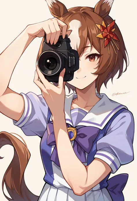 score_9, score_8_up, score_7_up, score_6_up, score_5_up, score_4_up, BREAK source_anime,
masterpiece, best quality, ultra detailed, perfect face, detailed face,
yaeno muteki, short hair, hair ornament, tail, horse tail, tracen school uniform, purple shirt, sailor collar, puffy short sleeves, purple bowtie, holding camera, upper body,
1girl, light smile, <lora:Hoseki_Umamusume_YaenoMuteki_PDXL_v1:1> <lora:holding_camera2_d16:1>