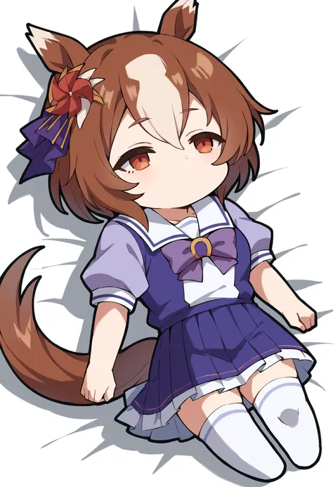 score_9, score_8_up, score_7_up, score_6_up, score_5_up, score_4_up, BREAK source_anime,
masterpiece, best quality, ultra detailed, perfect face, detailed face,
yaeno muteki, short hair, hair ornament, tail, horse tail, tracen school uniform, purple shirt, sailor collar, puffy short sleeves, purple bowtie, pleated skirt, white thighhighs,
1girl, QiqiFallen, lying, on back, chibi, <lora:QiqiFallen_XLPD:1.2> <lora:Hoseki_Umamusume_YaenoMuteki_PDXL_v1:0.8>