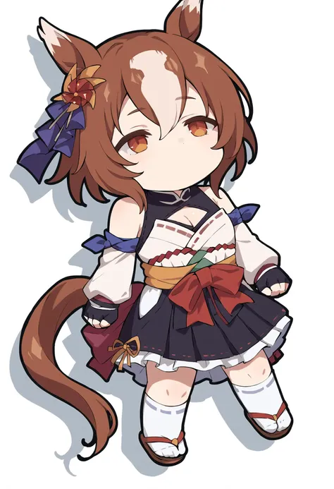 score_9, score_8_up, score_7_up, score_6_up, score_5_up, score_4_up, BREAK source_anime,
masterpiece, best quality, ultra detailed, perfect face, detailed face,
yaeno muteki, short hair, hair ornament, tail, horse tail, hakama, bare shoulders, cleavage cutout, ribbon trim, sash, black skirt, frills, white socks, sandals, detached sleeves, fingerless gloves,
1girl, QiqiFallen, lying, on back, chibi, <lora:QiqiFallen_XLPD:1.2> <lora:Hoseki_Umamusume_YaenoMuteki_PDXL_v1:0.8>