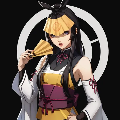 masterpiece, best quality, upper body
<lora:amenouzume-smt-richy-v1:1> amenouzume, covered eyes, japanese clothes, detached sleeves, folding fan, purple lips, black hair
<lora:Persona4StyleV2:0.8> 1girl, solo, ((White background)), simple background,