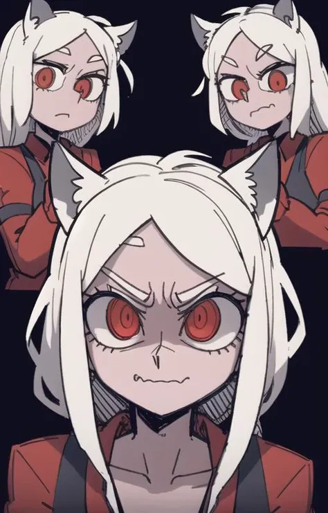best quality, beautifully detailed illustration, soft lighting, (best shadows),expression chart, looking at viewer, BREAK 3girls, cerberus \(helltaker\), m4a1, riffle, angry, outdoors, red eyes, (glowing eyes:0.6), cave background <lora:Cerberus1:0.8> <lora:Helltaker:0.6> <lora:Masterpiace:0.1> <lora:40_niji:0.2>