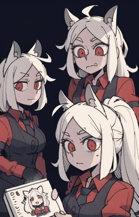 best quality, beautifully detailed illustration, soft lighting, (best shadows),expression chart, looking at viewer, BREAK 3girls, cerberus \(helltaker\), m4a1, riffle, angry, outdoors, red eyes, (glowing eyes:0.6), cave background <lora:Cerberus1:0.8> <lora:Helltaker:0.6> <lora:Masterpiace:0.1> <lora:40_niji:0.2>