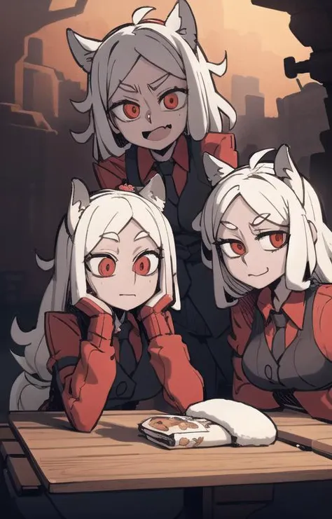 best quality, beautifully detailed illustration, soft lighting, (best shadows),expression chart, looking at viewer, BREAK 3girls, cerberus \(helltaker\), m4a1, riffle, angry, outdoors, red eyes, (glowing eyes:0.6), cave background <lora:Cerberus1:0.8> <lora:Helltaker:0.6> <lora:Masterpiace:0.1> <lora:40_niji:0.2>
