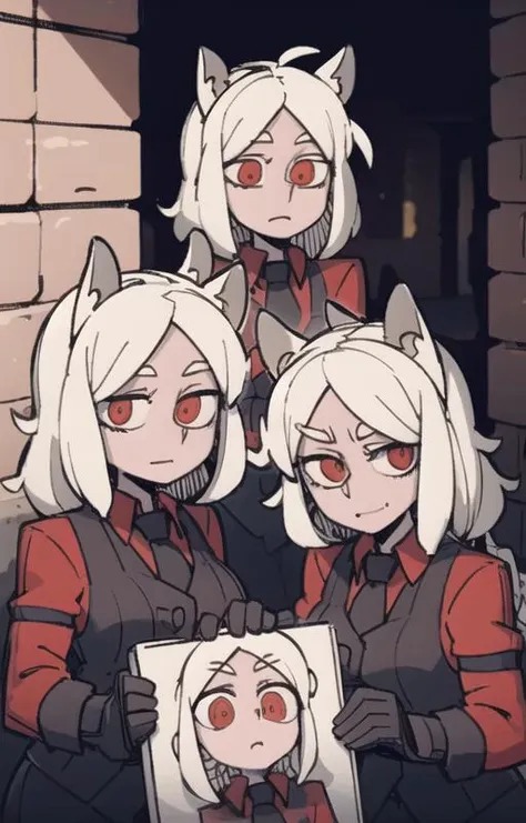 best quality, beautifully detailed illustration, soft lighting, (best shadows),expression chart, looking at viewer, BREAK 3girls, cerberus \(helltaker\), m4a1, riffle, angry, outdoors, red eyes, (glowing eyes:0.6), cave background <lora:Cerberus1:0.8> <lora:Helltaker:0.6> <lora:Masterpiace:0.1> <lora:40_niji:0.2>
