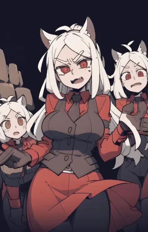 best quality, beautifully detailed illustration, soft lighting, (best shadows),expression chart, looking at viewer, BREAK 3girls, cerberus \(helltaker\), m4a1, riffle, angry, outdoors, red eyes, (glowing eyes:0.6), cave background <lora:Cerberus1:0.8> <lora:Helltaker:0.6> <lora:Masterpiace:0.1> <lora:40_niji:0.2>