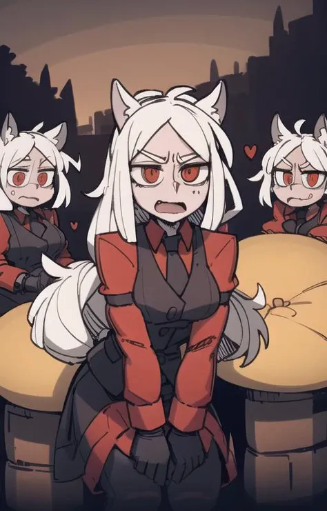 best quality, beautifully detailed illustration, soft lighting, (best shadows),expression chart, looking at viewer, BREAK 3girls, cerberus \(helltaker\), m4a1, riffle, angry, outdoors, red eyes, (glowing eyes:0.6), cave background <lora:Cerberus1:0.8> <lora:Helltaker:0.6> <lora:Masterpiace:0.1> <lora:40_niji:0.2>