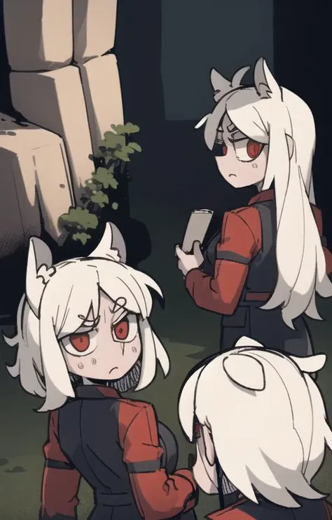 best quality, beautifully detailed illustration, soft lighting, (best shadows),expression chart, looking at viewer, BREAK 3girls, cerberus \(helltaker\), m4a1, riffle, angry, outdoors, red eyes, (glowing eyes:0.6), cave background <lora:Cerberus1:0.8> <lora:Helltaker:0.6> <lora:Masterpiace:0.1> <lora:40_niji:0.2>