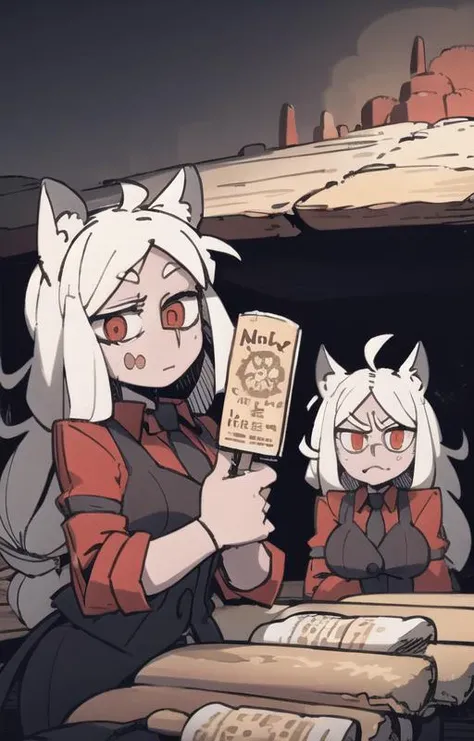 best quality, beautifully detailed illustration, soft lighting, (best shadows),expression chart, looking at viewer, BREAK 3girls, cerberus \(helltaker\), m4a1, riffle, angry, outdoors, red eyes, (glowing eyes:0.6), cave background <lora:Cerberus1:0.8> <lora:Helltaker:0.6> <lora:Masterpiace:0.1> <lora:40_niji:0.3>