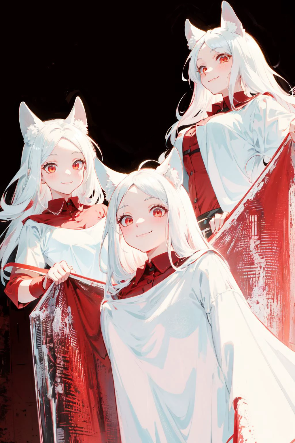 (acrylic sheet :1.3),
good detailed, (glowing background),
best quality, wide-angle Hyperdetailed, masterpiece, 8k, natural lighting, soft lighting, sunlight, HDR (High Dynamic Range), Maximum Clarity And Sharpness, Multi-Layered Textures,
3girls,red eyes, demon girl, white hair, shirt, dog ears, smile, tail, dog girl <lora:CerberusV1:0.8> cerberus \(helltaker\)